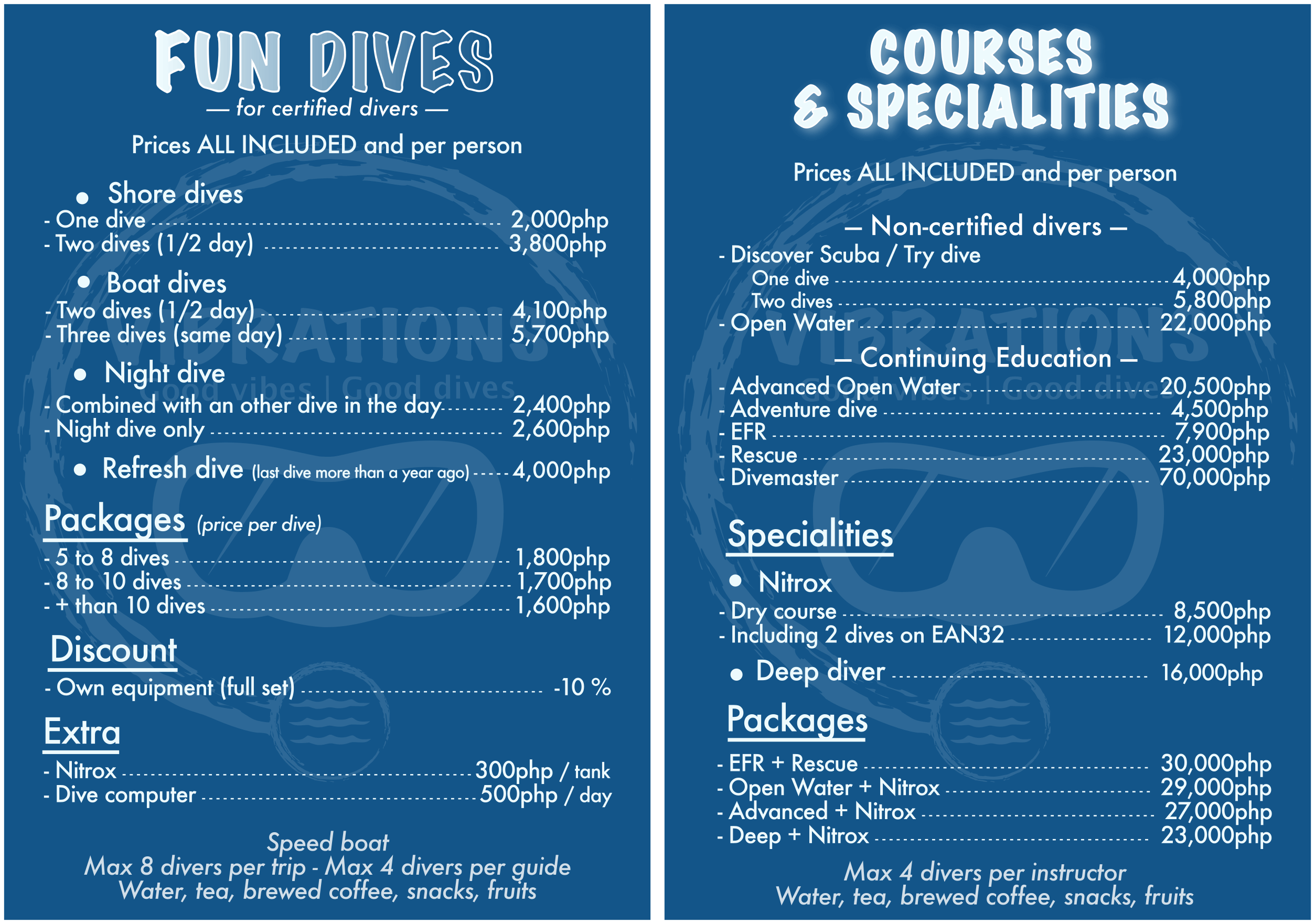 Diving activities price list